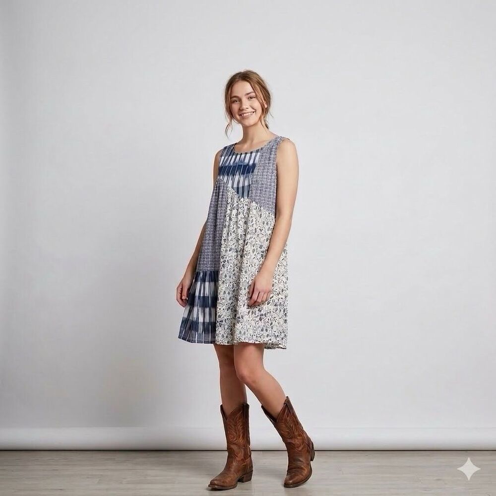 Anthropologie Holding Horses Ivy Patchwork Swing Dress Blue White Boho Cotton M